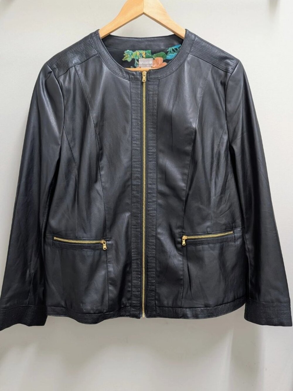 Chico's Women’s 3 Black Faux Leather Jacket Full Zip Gold Zippers Pockets Moto